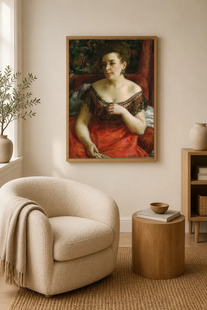 Framed print of Madame Pierre Henri Renoir (Blanche-Marie Blanc, 1841-1910?) hanging on a wall in a furnished room