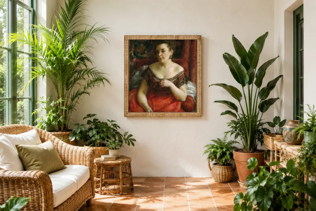 Framed print of Madame Pierre Henri Renoir (Blanche-Marie Blanc, 1841-1910?) hanging on a wall in a furnished room