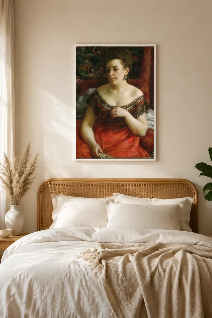 Framed print of Madame Pierre Henri Renoir (Blanche-Marie Blanc, 1841-1910?) hanging on a wall in a furnished room