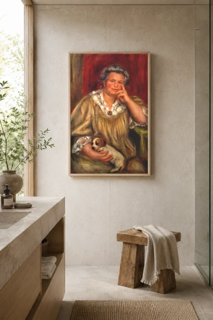 Framed print of Madame Renoir hanging on a wall in a furnished room