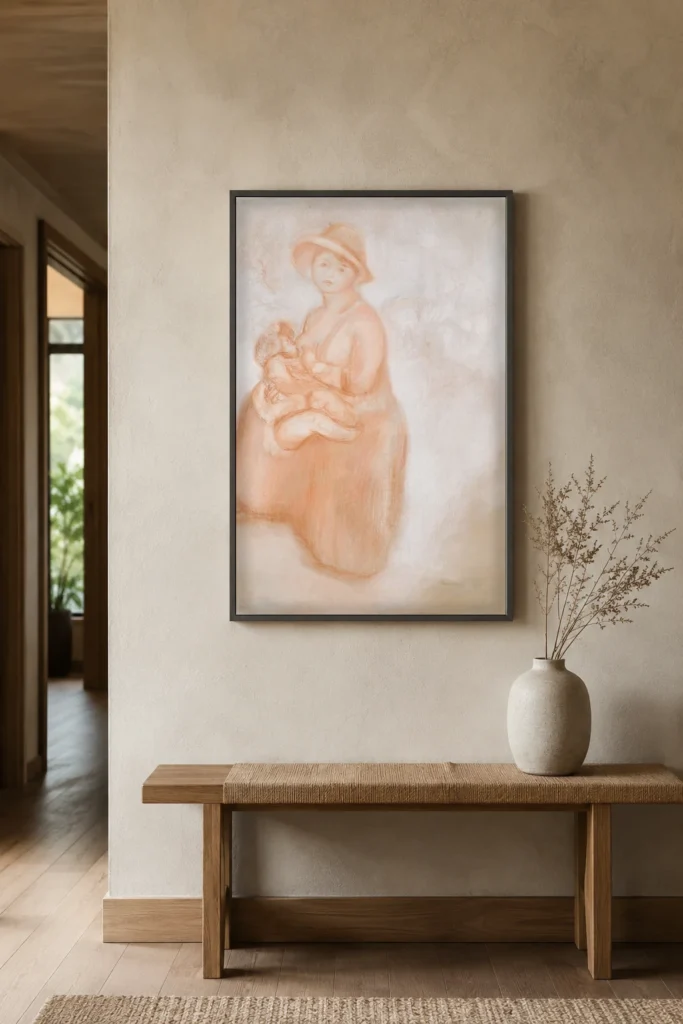 Framed print of Madame Renoir and her son Pierre hanging on a wall in a furnished room