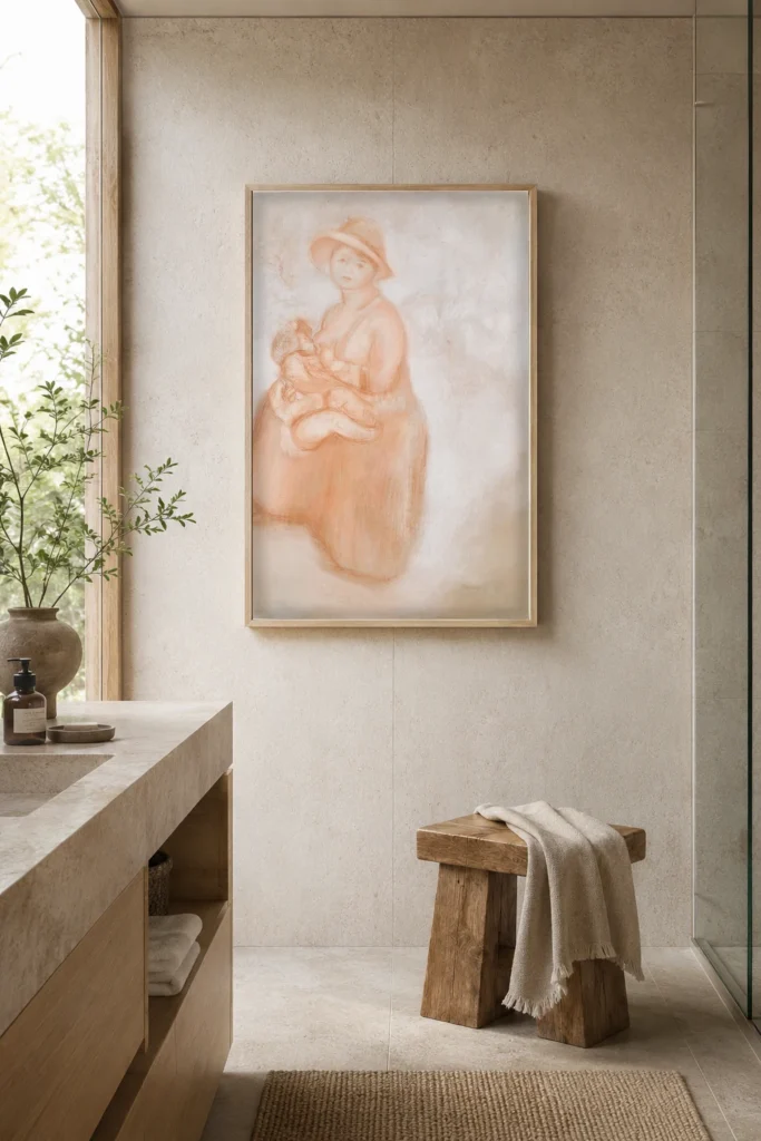 Framed print of Madame Renoir and her son Pierre hanging on a wall in a furnished room