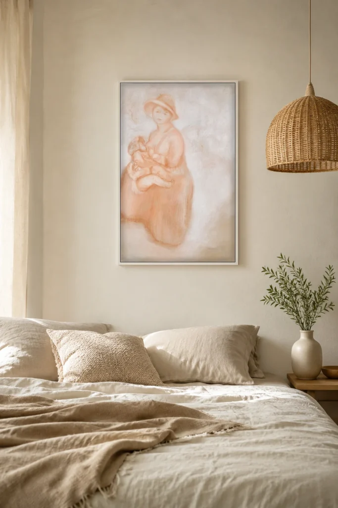 Framed print of Madame Renoir and her son Pierre hanging on a wall in a furnished room