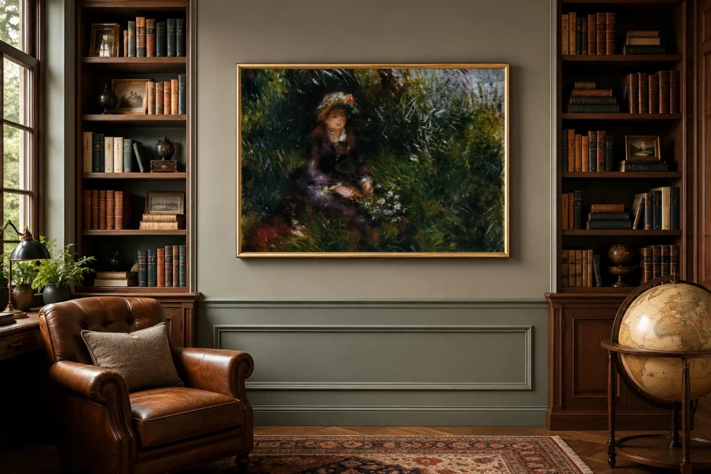 Framed print of Madame Renoir au chien by Pierre-Auguste Renoir hanging on a wall in a furnished room