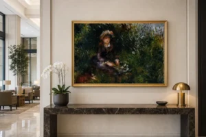 Framed print of Madame Renoir au chien by Pierre-Auguste Renoir hanging on a wall in a furnished room