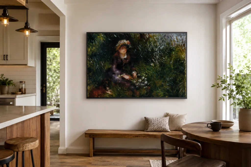Framed print of Madame Renoir au chien by Pierre-Auguste Renoir hanging on a wall in a furnished room
