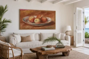 Framed print of Apples (Pommes) hanging on a wall in a furnished room