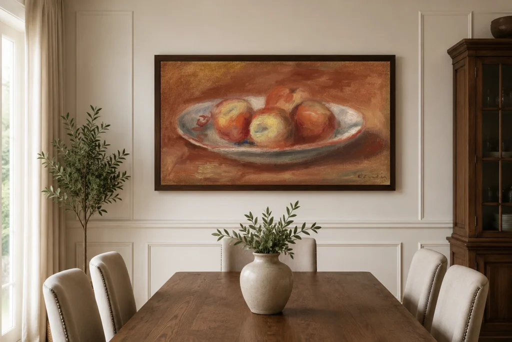 Framed print of Apples (Pommes) hanging on a wall in a furnished room