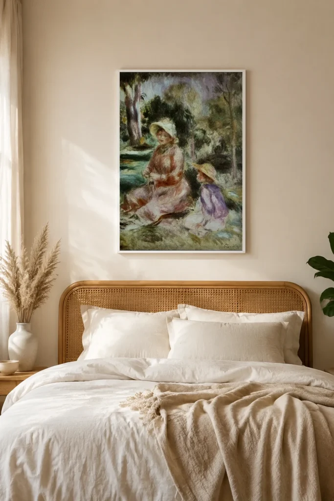 Framed print of Madame Renoir and Her Son Pierre hanging on a wall in a furnished room