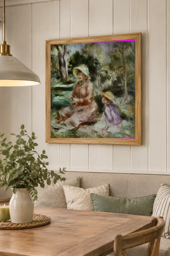 Framed print of Madame Renoir and Her Son Pierre hanging on a wall in a furnished room