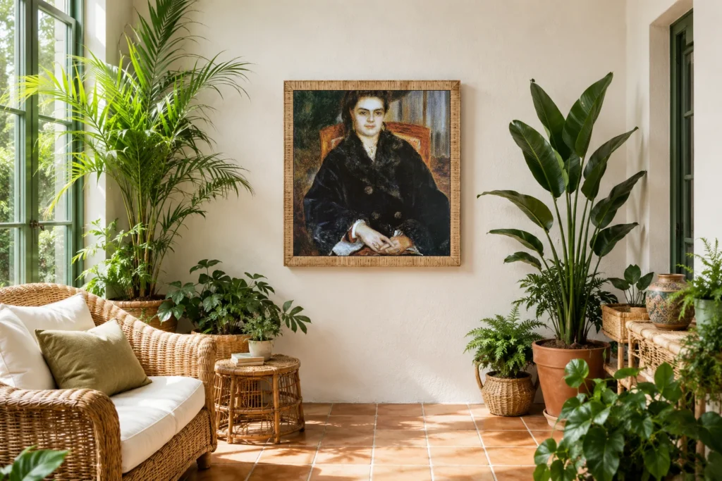 Framed print of Madame Édouard Bernier (Marie-Octavie-Stéphanie Laurens, 1838–1920) hanging on a wall in a furnished room