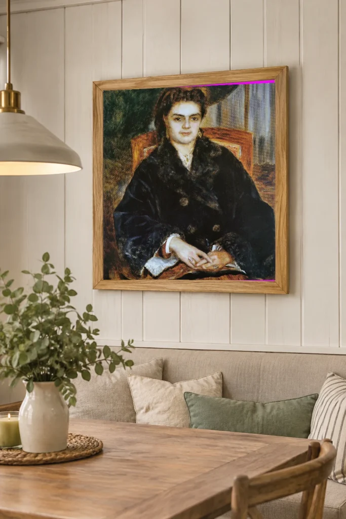 Framed print of Madame Édouard Bernier (Marie-Octavie-Stéphanie Laurens, 1838–1920) hanging on a wall in a furnished room