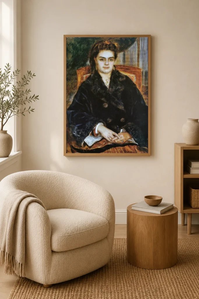 Framed print of Madame Édouard Bernier (Marie-Octavie-Stéphanie Laurens, 1838–1920) hanging on a wall in a furnished room