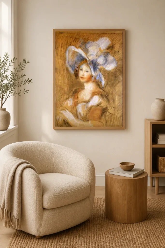Framed print of Mademoiselle Amélie Diéterle hanging on a wall in a furnished room