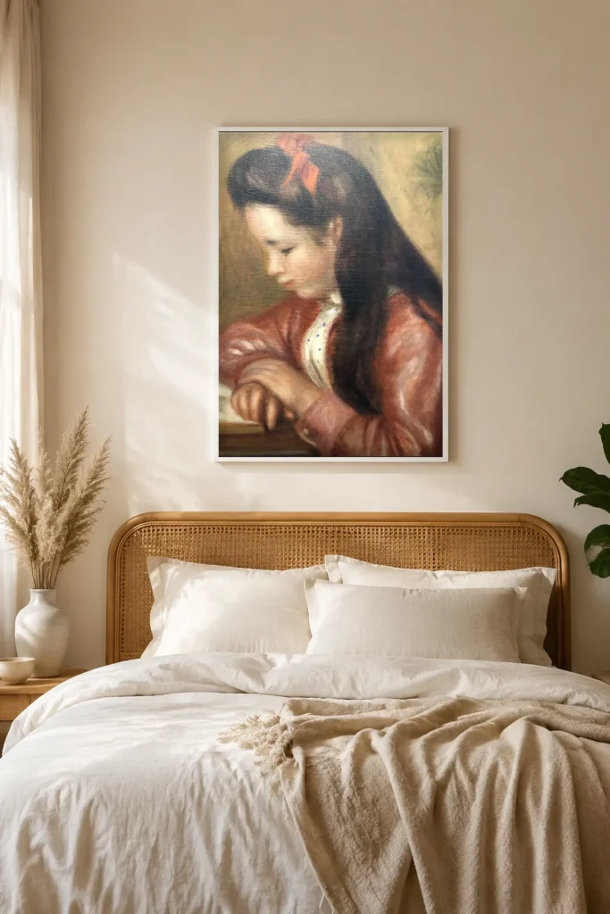 Framed print of Mademoiselle Geneviève Caillebotte hanging on a wall in a furnished room