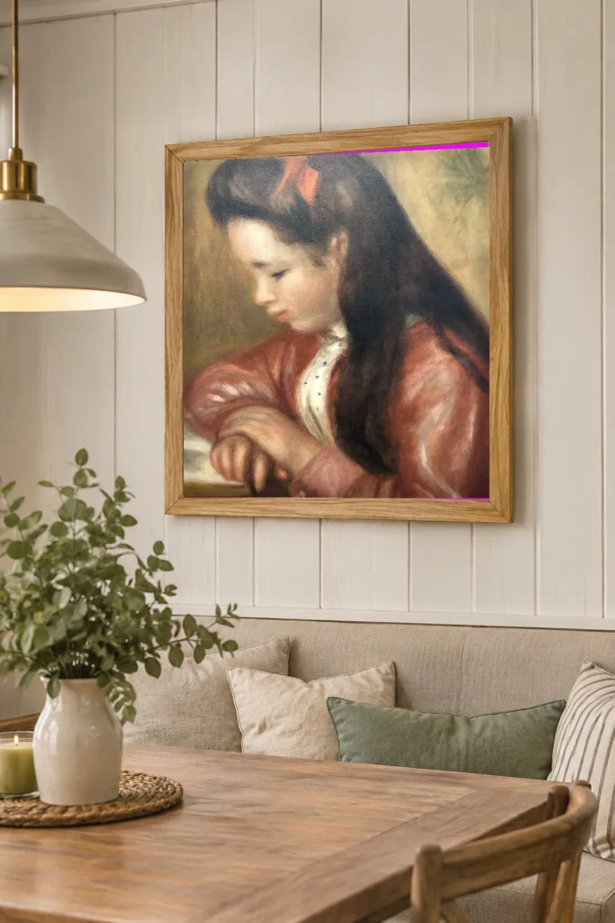 Framed print of Mademoiselle Geneviève Caillebotte hanging on a wall in a furnished room