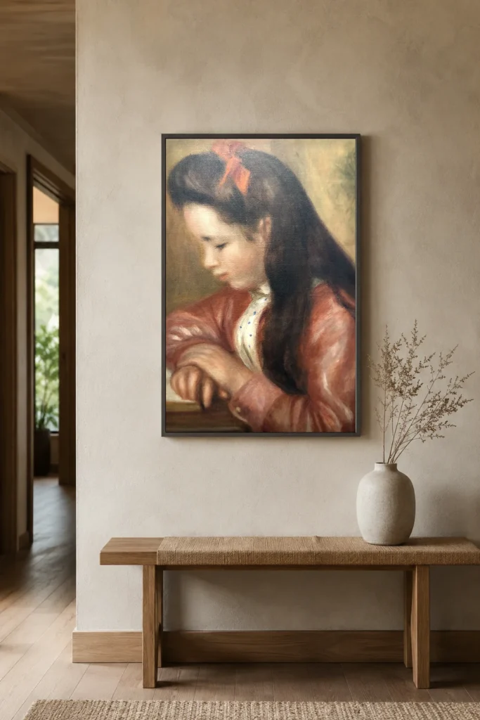Framed print of Mademoiselle Geneviève Caillebotte hanging on a wall in a furnished room