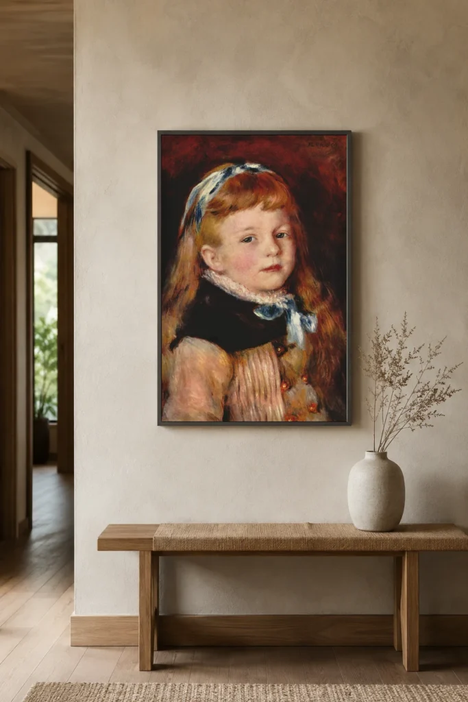 Framed print of Mademoiselle Grimprel with a Blue Headband hanging on a wall in a furnished room