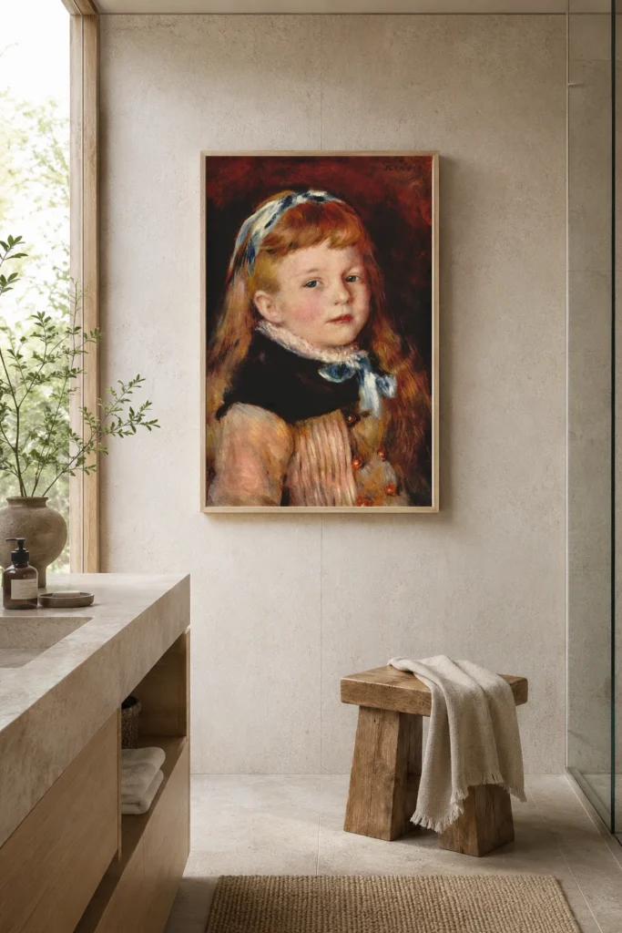 Framed print of Mademoiselle Grimprel with a Blue Headband hanging on a wall in a furnished room
