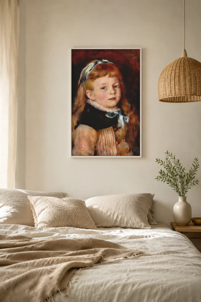 Framed print of Mademoiselle Grimprel with a Blue Headband hanging on a wall in a furnished room