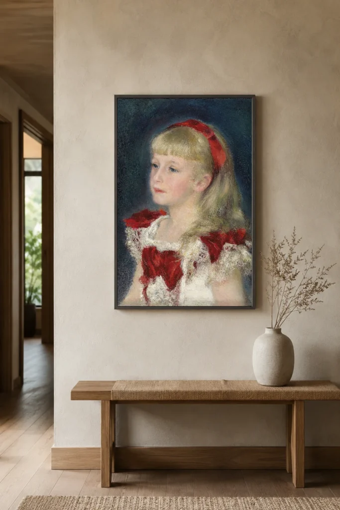 Framed print of Mademoiselle Grimprel with a Red Ribbon hanging on a wall in a furnished room