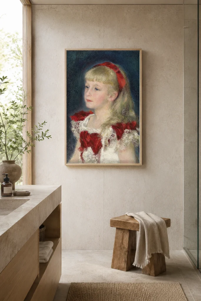Framed print of Mademoiselle Grimprel with a Red Ribbon hanging on a wall in a furnished room