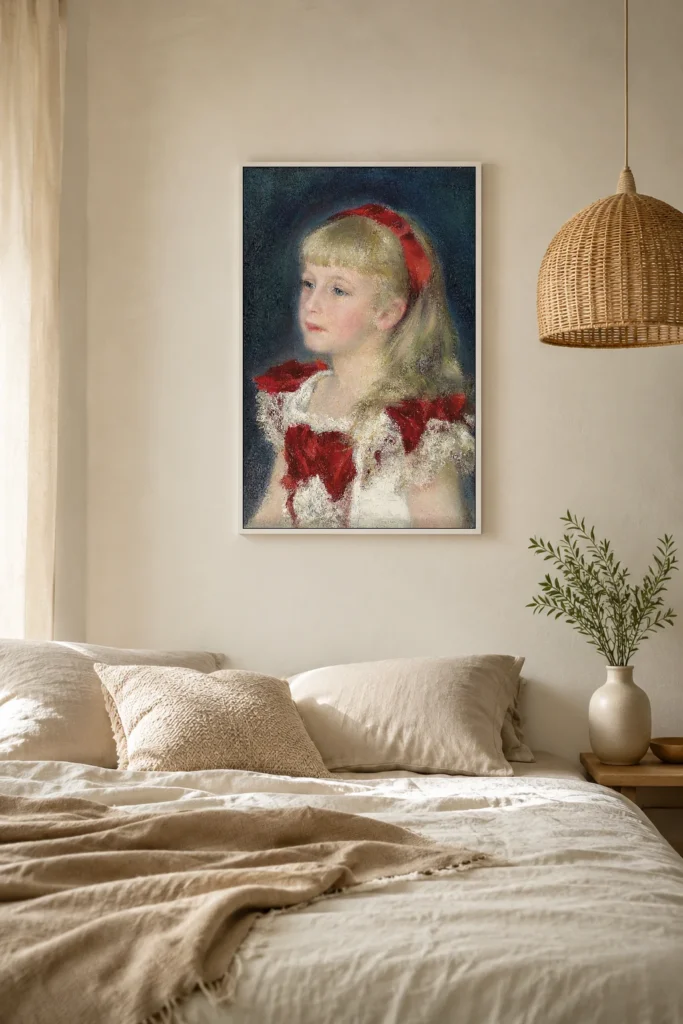 Framed print of Mademoiselle Grimprel with a Red Ribbon hanging on a wall in a furnished room