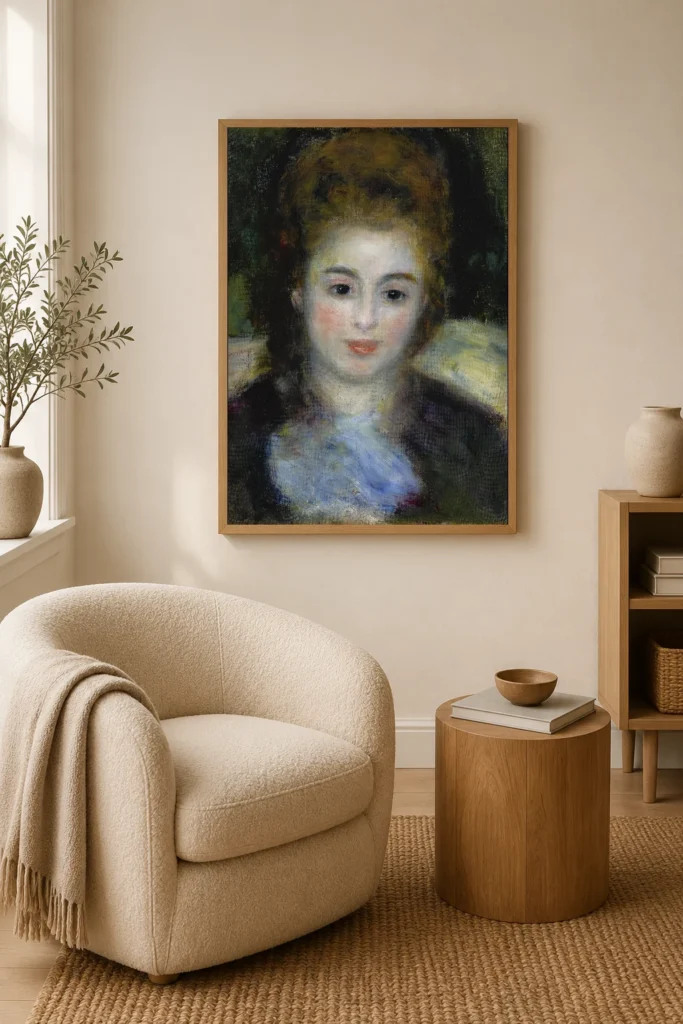 Framed print of Mademoiselle Henriot hanging on a wall in a furnished room