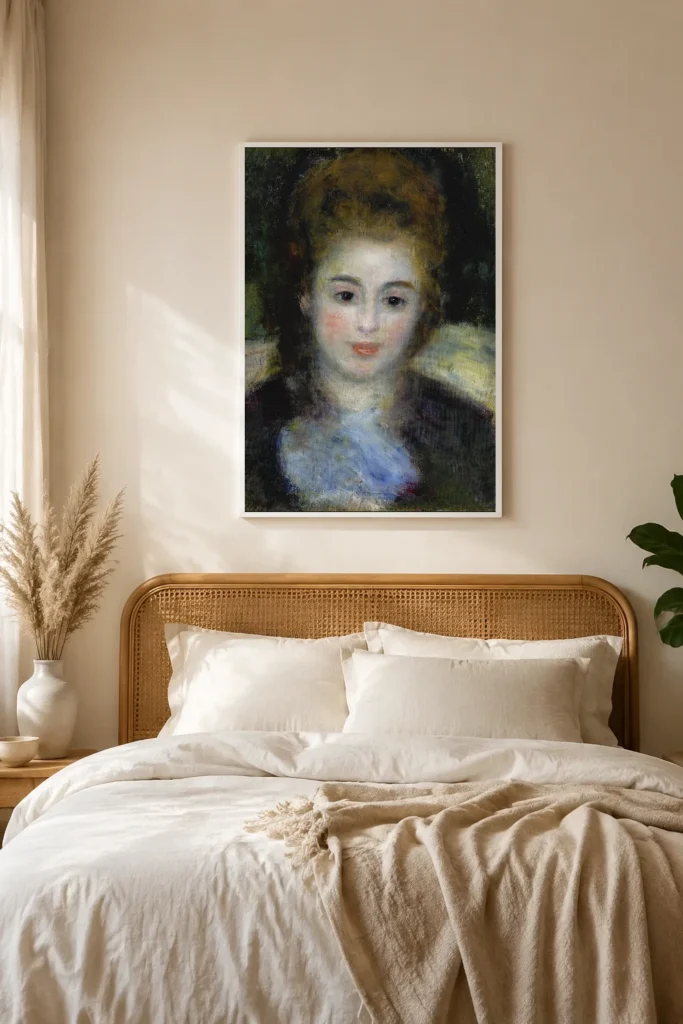 Framed print of Mademoiselle Henriot hanging on a wall in a furnished room