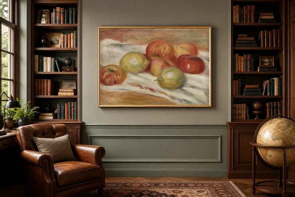 Framed print of Apples and Lemons on a Cloth (Pommes et citrons sur une nappe) hanging on a wall in a furnished room