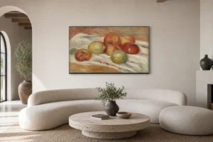 Framed print of Apples and Lemons on a Cloth (Pommes et citrons sur une nappe) hanging on a wall in a furnished room