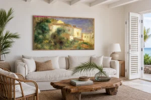 Framed print of Maison de la Poste, Cagnes hanging on a wall in a furnished room