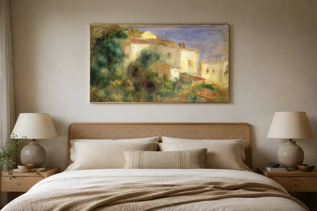 Framed print of Maison de la Poste, Cagnes hanging on a wall in a furnished room