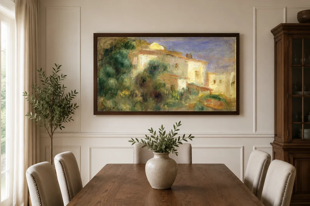 Framed print of Maison de la Poste, Cagnes hanging on a wall in a furnished room