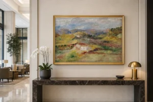 Framed print of Houses at Cagnes hanging on a wall in a furnished room