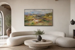 Framed print of Houses at Cagnes hanging on a wall in a furnished room