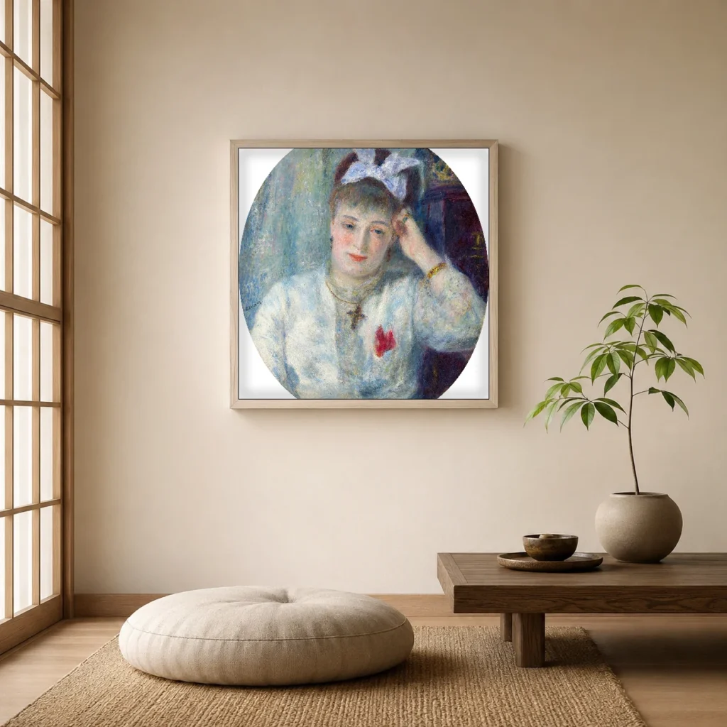 Framed print of Marie Murer hanging on a wall in a furnished room