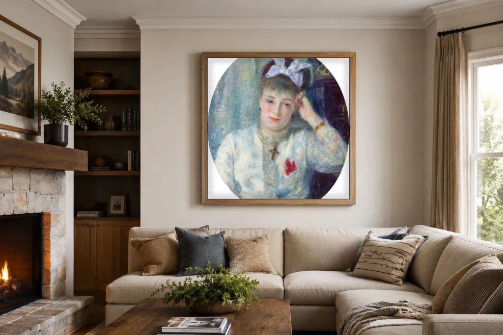 Framed print of Marie Murer hanging on a wall in a furnished room
