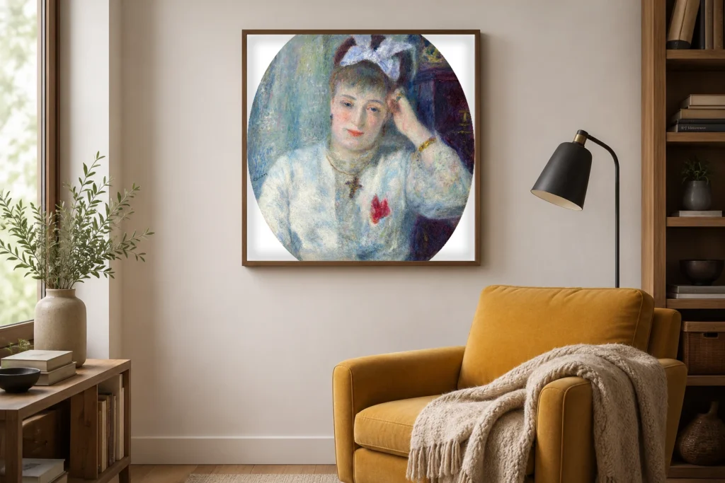 Framed print of Marie Murer hanging on a wall in a furnished room