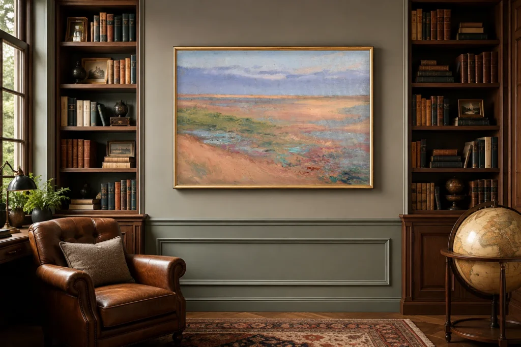Framed print of Seascape hanging on a wall in a furnished room