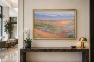 Framed print of Seascape hanging on a wall in a furnished room