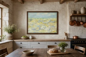 Framed print of Seascape at Berneval hanging on a wall in a furnished room