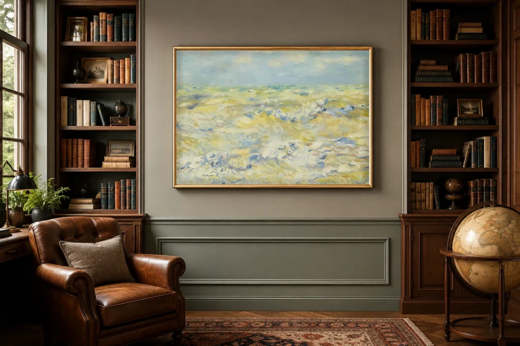Framed print of Seascape at Berneval hanging on a wall in a furnished room