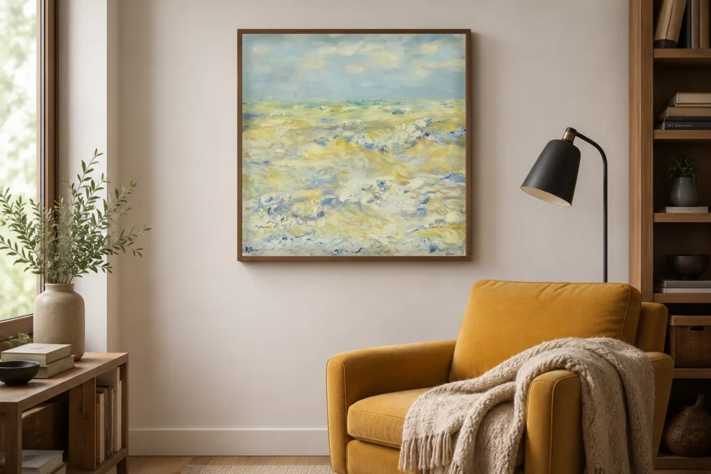 Framed print of Seascape at Berneval hanging on a wall in a furnished room
