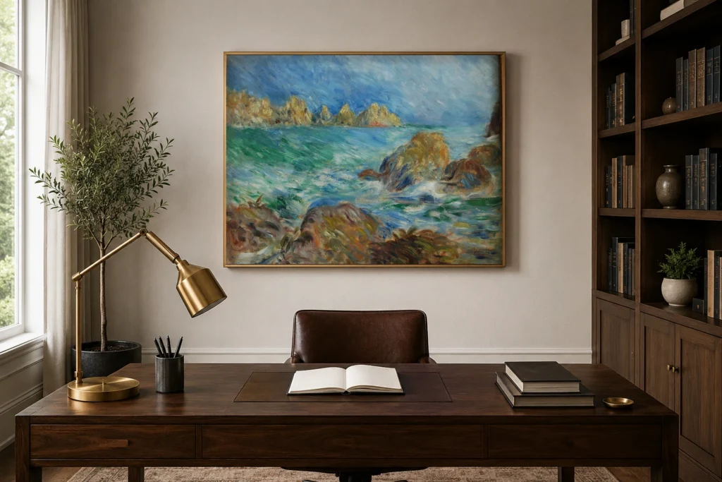 Framed print of Marine, Guernsey hanging on a wall in a furnished room