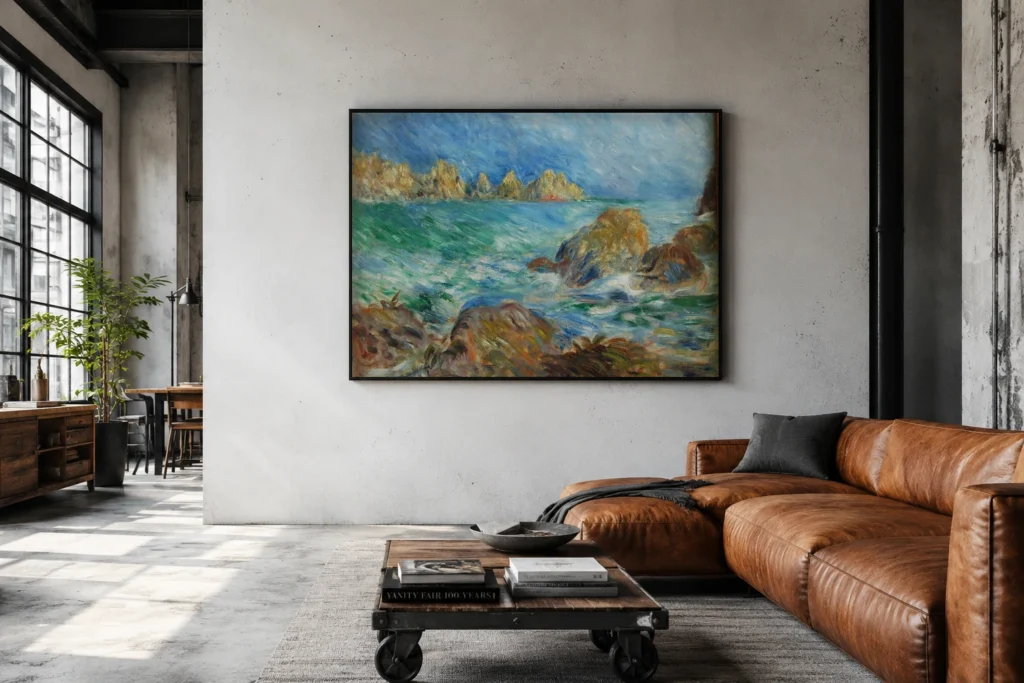 Framed print of Marine, Guernsey hanging on a wall in a furnished room