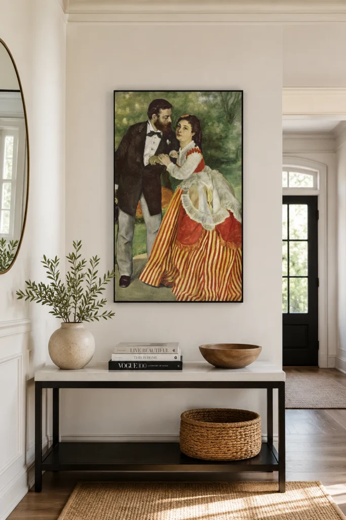 Framed print of Marriage of Sisley hanging on a wall in a furnished room