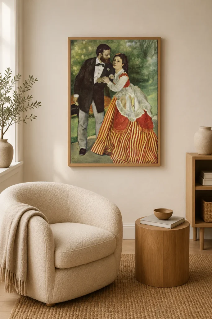 Framed print of Marriage of Sisley hanging on a wall in a furnished room