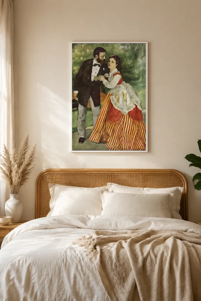 Framed print of Marriage of Sisley hanging on a wall in a furnished room