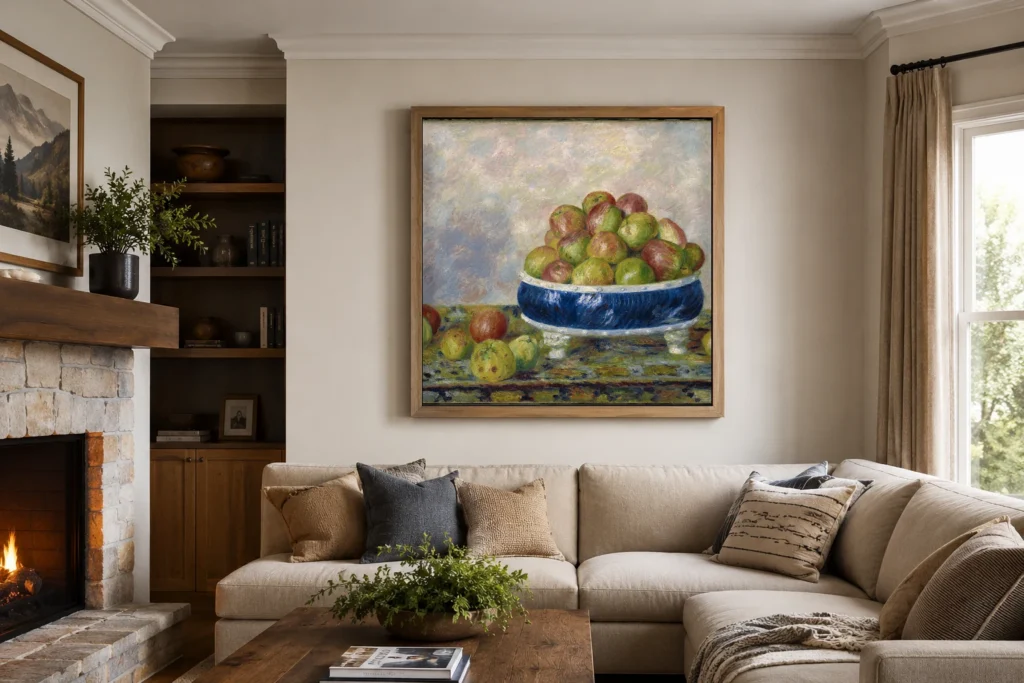 Framed print of Apples in a Dish hanging on a wall in a furnished room